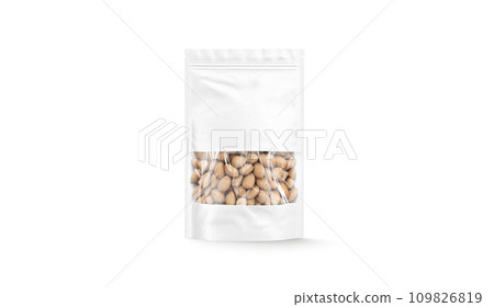 Blank white zipper pouch with nuts stand mockup, front view Blank white zipper pouch with nuts stand mockup, front view 109826819