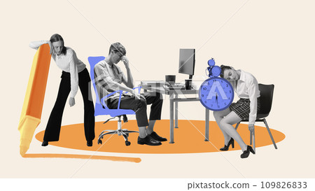 Young employees feeling sleepy and exhausted, tired of working on projects. Deadlines. Contemporary art collage. 109826833