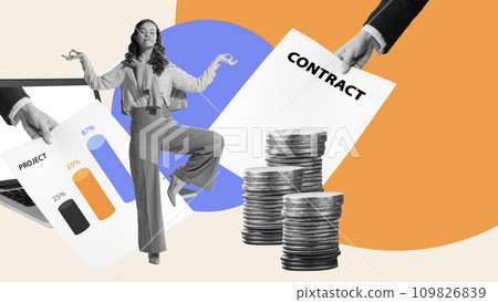 Ambitious young woman, employee getting contract, showing great professional results. Contemporary art collage. 109826839