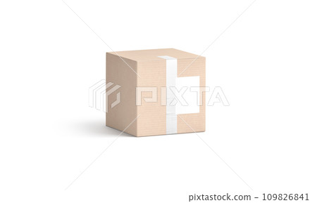 Blank white shipping label on craft box mockup, half-turned view Blank white shipping label on craft box mockup, half-turned view 109826841