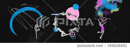 Contemporary art collage. Gymnasts and tennis player training before competition against black mode background with paints. Contemporary art collage. Gymnasts and tennis player training before competition against black mode background with paints. 109826882