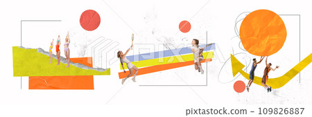 Contemporary art collage. Different kind of sport. Talented people training in motion before championship to get first place. 109826887