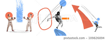 Set with people practicing different sports, boxing, football and baseball over light background with abstract elements. Contemporary art collage. 109826894