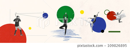 Young people practicing different sports, baseball, yoga, rhythmic gymnastics and ballet over light background. Contemporary art collage. 109826895