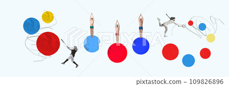 Young people practicing different kind of sports, baseball, swimming and tennis over light background with colorful elements. Contemporary art collage. 109826896