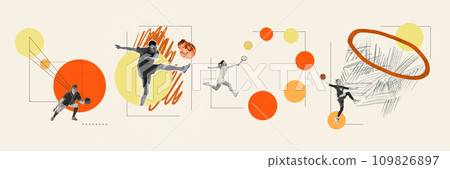 Young people playing different sports, baseball, football, tennis and basketball over light background. Contemporary art collage. 109826897