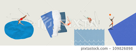 Young woman in swimsuit diving into water, man playing beach volleyball. Pastel colors. Summer activity. Contemporary art collage. Young woman in swimsuit diving into water, man playing beach volleyball. Pastel colors. Summer activity. Contemporary art collage. 109826898