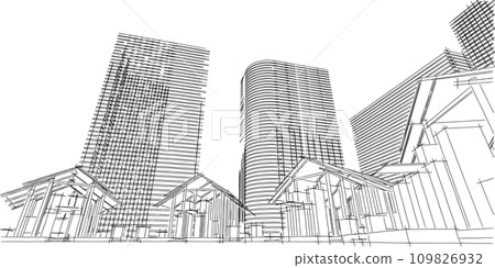Modern architecture in a beautiful metropolis Freehand line drawing illustration, 3D illustration Modern architecture in a beautiful metropolis Freehand line drawing illustration, 3D illustration 109826932