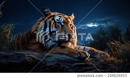 AI image of a tiger hiding in the dark night AI image of a tiger hiding in the dark night 109826933