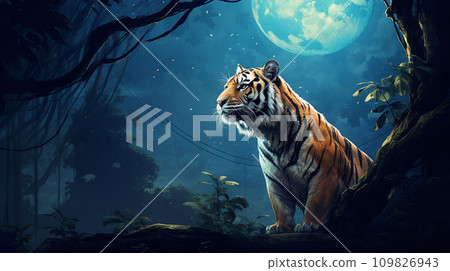 Tiger under the blue moon AI image Tiger under the blue moon AI image 109826943