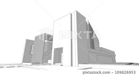 House building sketch architecture 3d wireframe illustration, Modern architectural perspective line 109826953