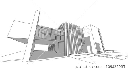 House building sketch architecture 3d wireframe illustration, Modern architectural perspective line 109826965