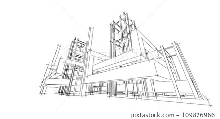 House building sketch architecture 3d wireframe illustration, Modern architectural perspective line House building sketch architecture 3d wireframe illustration, Modern architectural perspective line 109826966