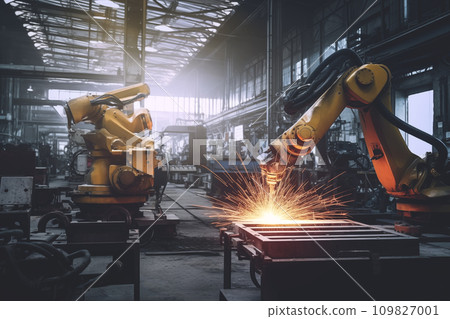 Robotic Welding. Robots welding in workshop of industrial plant Robotic Welding. Robots welding in workshop of industrial plant 109827001