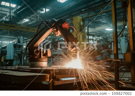 Robotic Welding. Robots welding in workshop of industrial plant 109827002