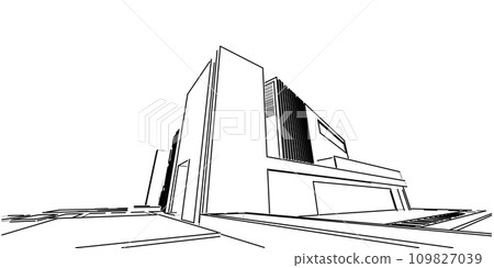 House building sketch architecture 3d wireframe illustration, Modern architectural perspective line 109827039