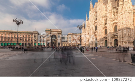 Panorama showing Milan Cathedral and Vittorio Emanuele gallery timelapse. 109827273