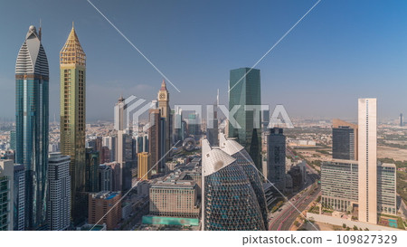 Skyline view of the high-rise buildings on Sheikh Zayed Road in Dubai aerial timelapse, UAE. 109827329
