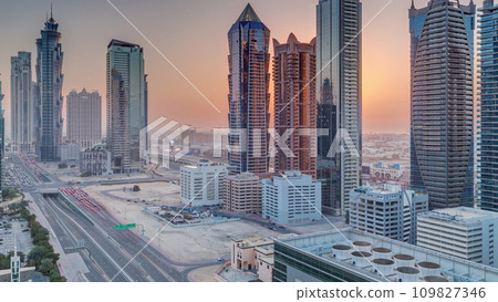 Business bay district skyline with modern architecture timelapse from above. 109827346