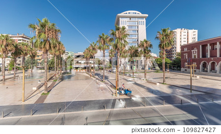 Panorama showing aerial view of the fountains and palms on the main square Sheshi Liria in Durres timelapse, Albania 109827427