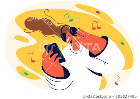 Happy girl listen to music in earphones 109827496