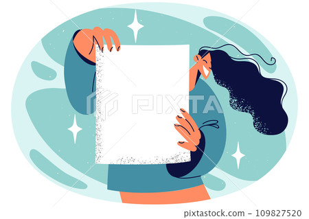 Smiling woman show white mockup paper Smiling woman show white mockup paper 109827520
