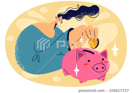 Smiling person saving money in piggybank Smiling person saving money in piggybank 109827557