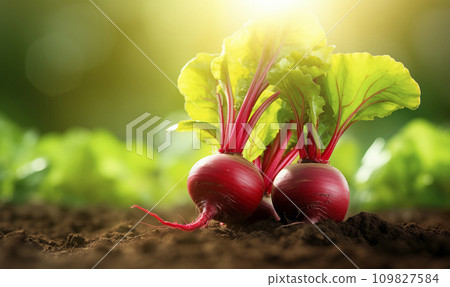 AI-generated content. Fresh beetroot in the farm field with copy space, AI generated 109827584