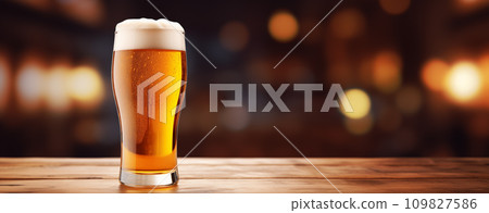 AI-generated content. Beer glass on dark wooden table on bar blurred background with copy space, AI generated 109827586