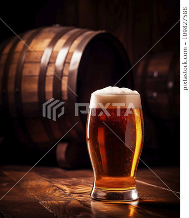 AI-generated content. Beer glass on dark wooden table on blurred background with wooden barrel, copy space, AI generated 109827588
