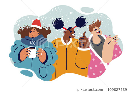 Happy children in winter clothes rejoice at first snow and show thumbs up or wave hands in greeting 109827589