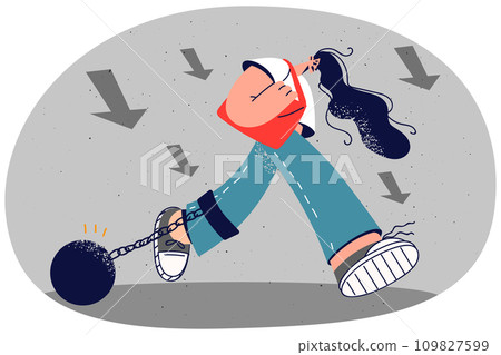 Stressed woman going with burden on leg 109827599