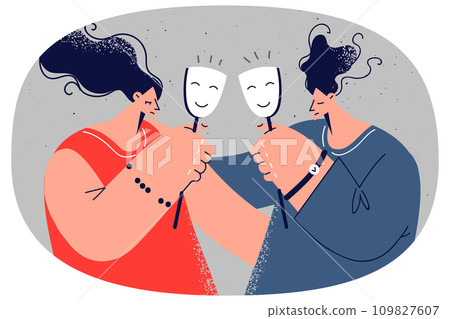 Unhappy couple hide feelings under masks 109827607