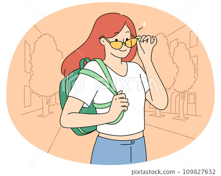 Smiling girl with backpack on street - Stock Illustration [109827632 ...