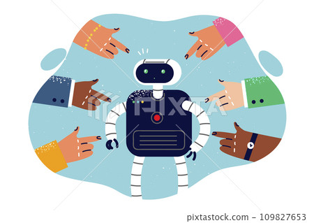 People blame robot for losing jobs, pointing fingers at cyborg standing in center People blame robot for losing jobs, pointing fingers at cyborg standing in center 109827653