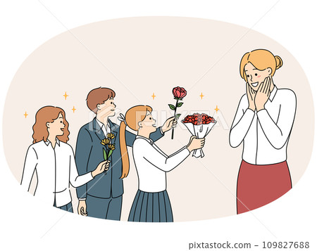 Children in uniform greeting happy teacher Children in uniform greeting happy teacher 109827688