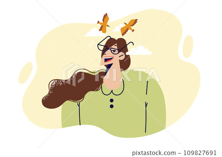 Creative woman fantasizes about future projects in field of art, standing under clouds and birds Creative woman fantasizes about future projects in field of art, standing under clouds and birds 109827691