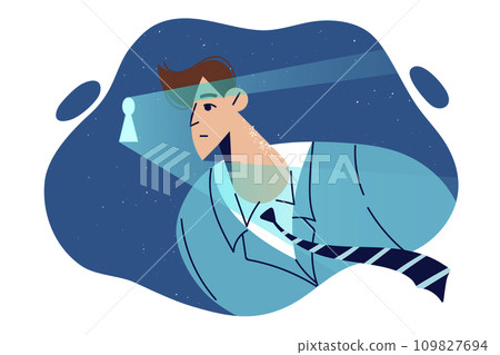 Man peeks through keyhole, wanting to find out secrets competitors business using espionage methods 109827694