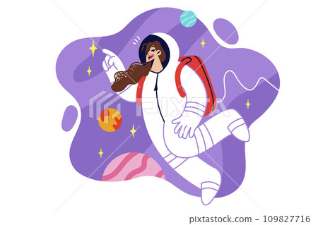 Woman astronaut in spacesuit flies in zero gravity studying planets and stars of universe or galaxy 109827716