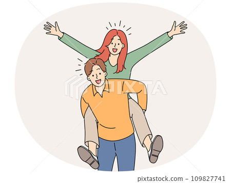 Happy woman piggyback smiling man Happy woman piggyback smiling man 109827741