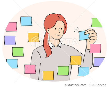 Businesswoman work with sticky notes on board Businesswoman work with sticky notes on board 109827744