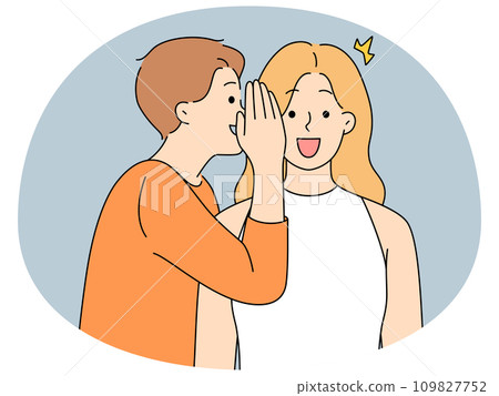 Man telling gossip to excited woman Man telling gossip to excited woman 109827752