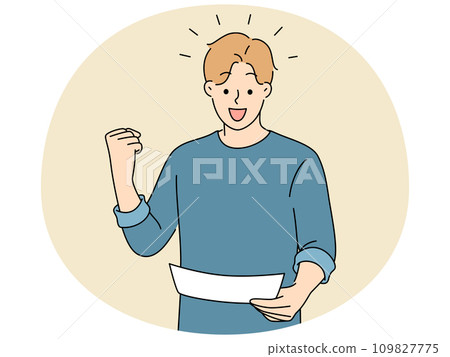 Excited man triumph with good news in paper 109827775