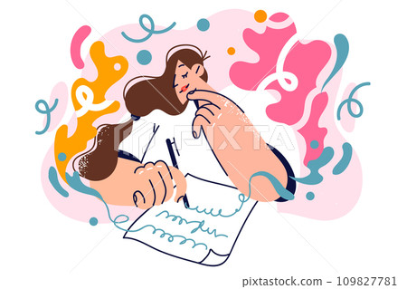 Woman poet writes literary work, feels inspired, sits at table with sheet of paper 109827781