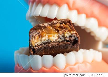 A bitten piece of chocolate in a dental jaw mockup on a blue background. The concept of the effect of sugar and leftover food on teeth and tooth enamel. Tooth destruction by bacteria, caries, pulpitis 109827790