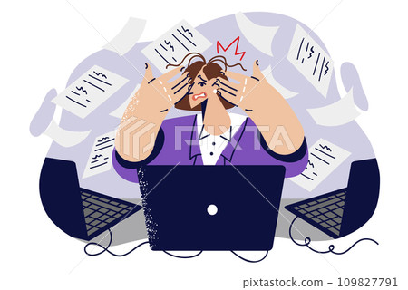 Business woman suffers from spam on internet and clutches head sitting in office among flying papers 109827791
