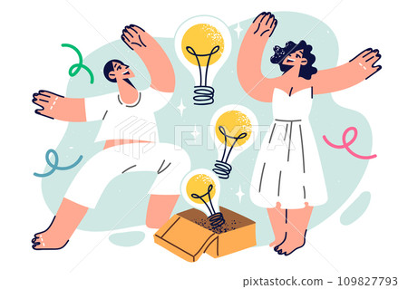 Victory dance of people who invented new brilliant ideas around box with flying light bulbs 109827793