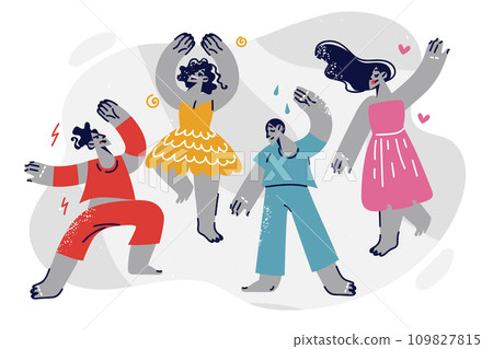 Dancing men and women with different emotions participate in music party or youth disco 109827815