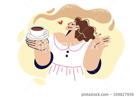 Woman drinks coffee and enjoys aroma of invigorating hot drink, enjoying happy morning 109827856