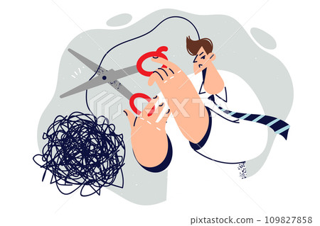 Man with psychological problems cuts off tangled cord thought symbolizing stress due to toxic work Man with psychological problems cuts off tangled cord thought symbolizing stress due to toxic work 109827858